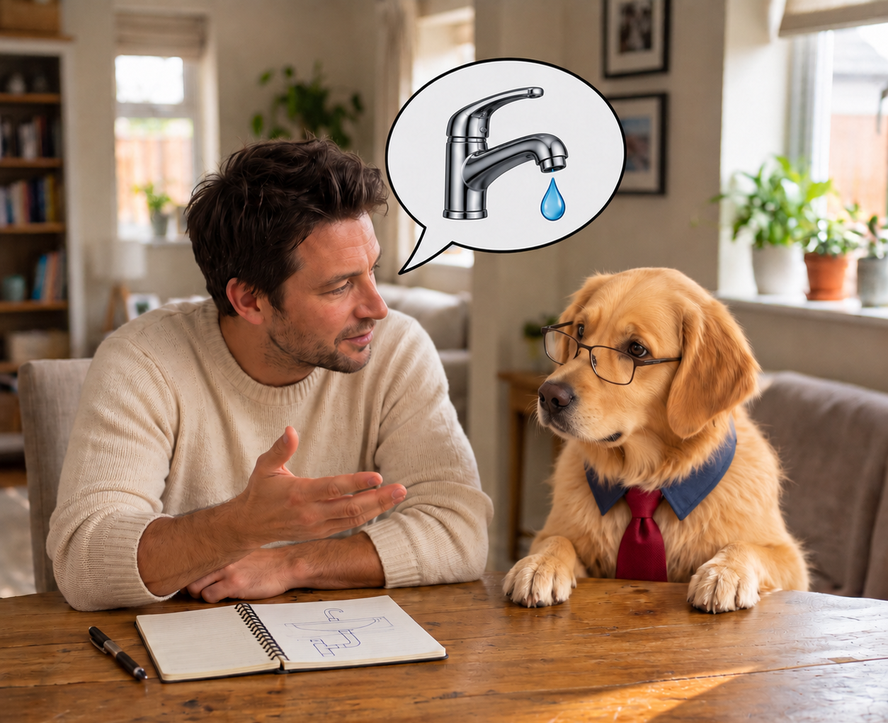 Una persona spiega al cane di FetchMeQuotes un rubinetto che perde