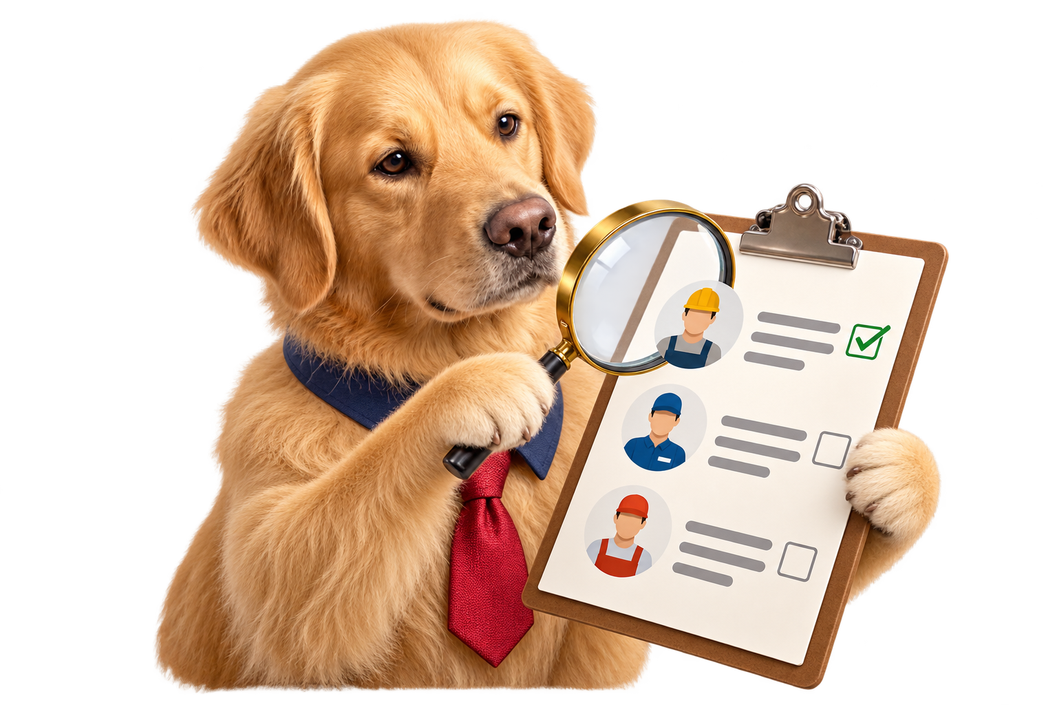 Il cane di FetchMeQuotes controlla un elenco di professionisti con una lente d'ingrandimento