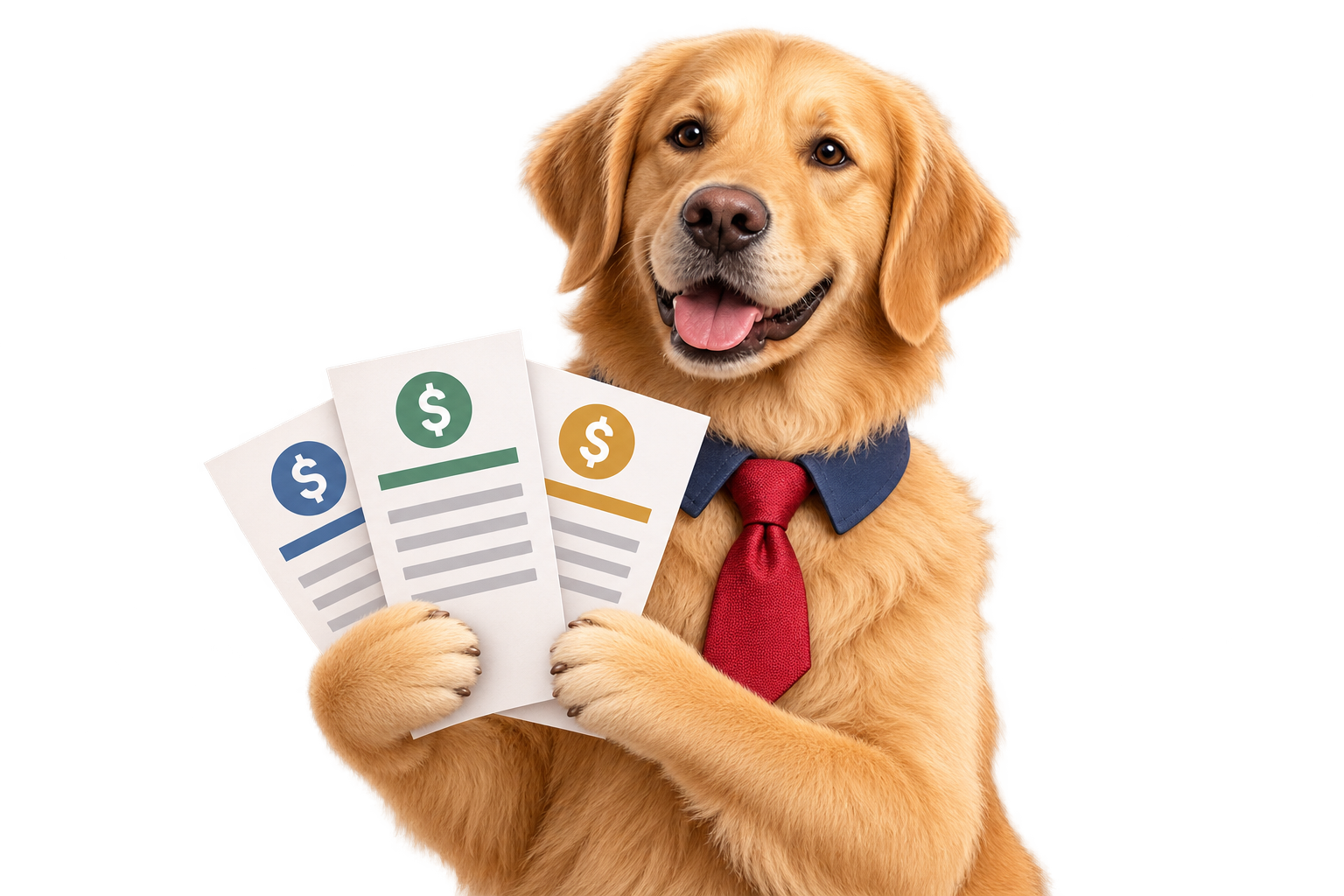 Il cane di FetchMeQuotes tiene in mano tre preventivi